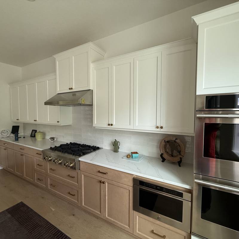 Modern kitchen with white cabinets and built-in appliances